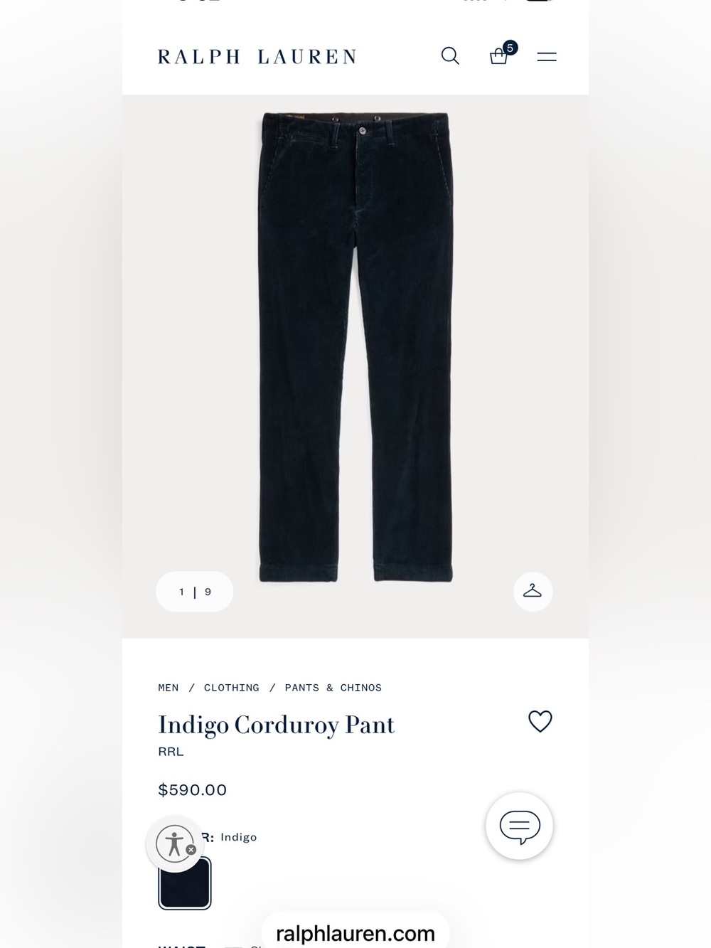 Ralph Lauren RRL Indigo Corduroy 5-Pocket Jeans 25